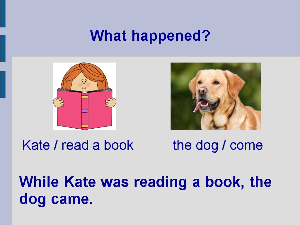 What happened? While Kate was reading a book, the dog came. Kate / read